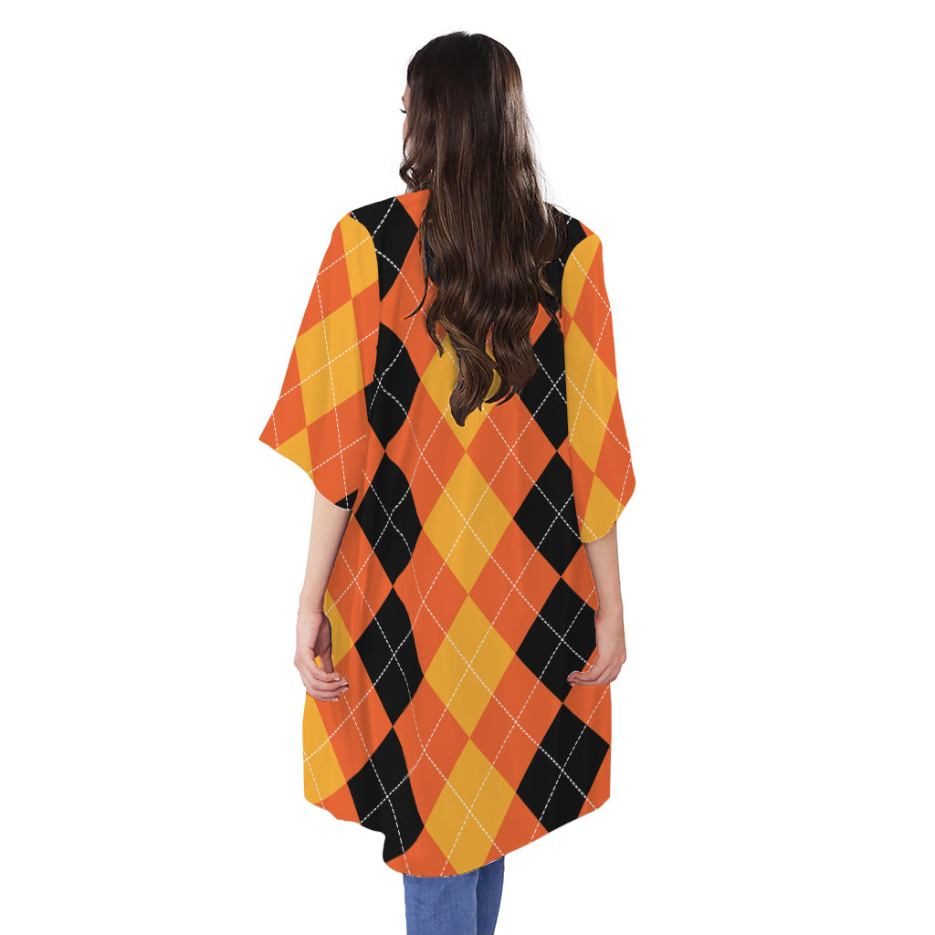 Orange And Black Argyle Pattern Print Open Front Beach Cover Up