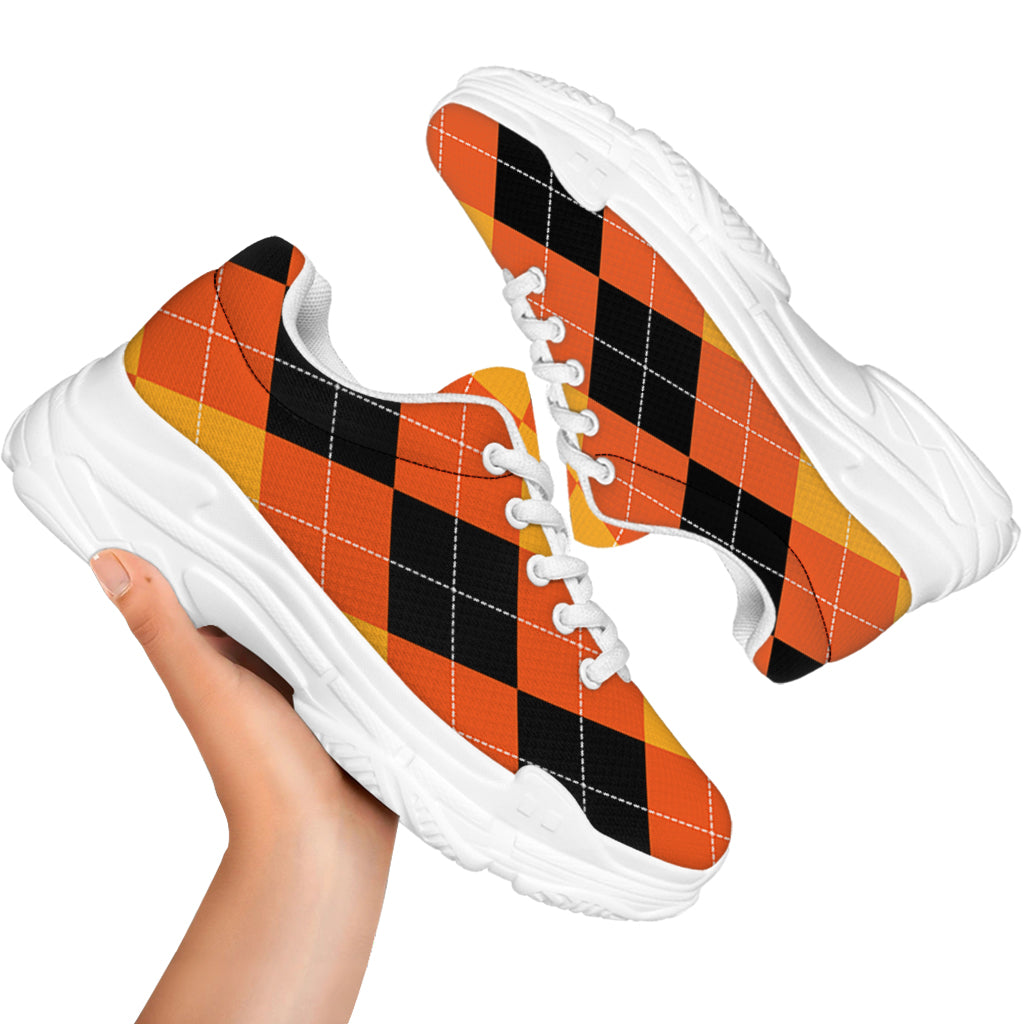 Orange And Black Argyle Pattern Print White Chunky Shoes