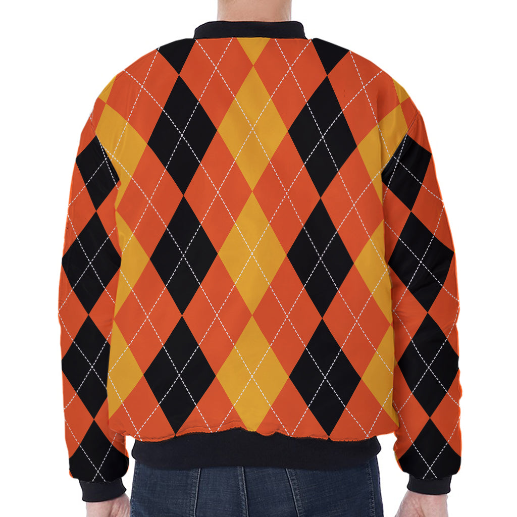 Orange And Black Argyle Pattern Print Zip Sleeve Bomber Jacket