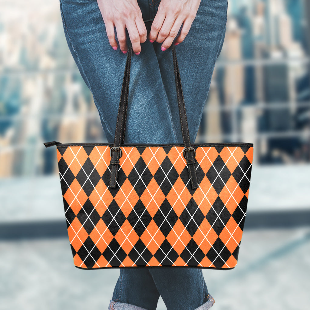 Orange And Black Argyle Print Leather Tote Bag