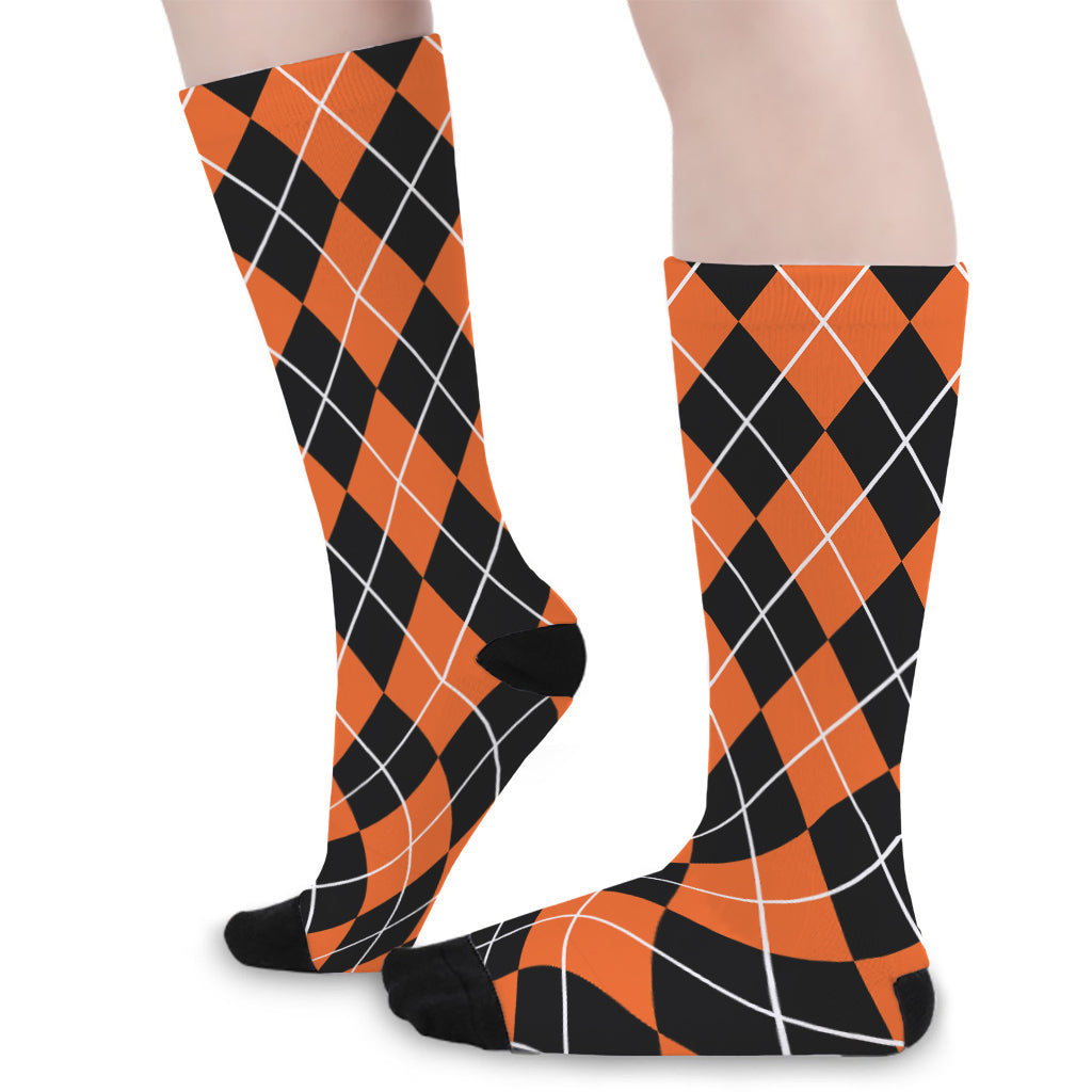 Orange And Black Argyle Print Long Socks