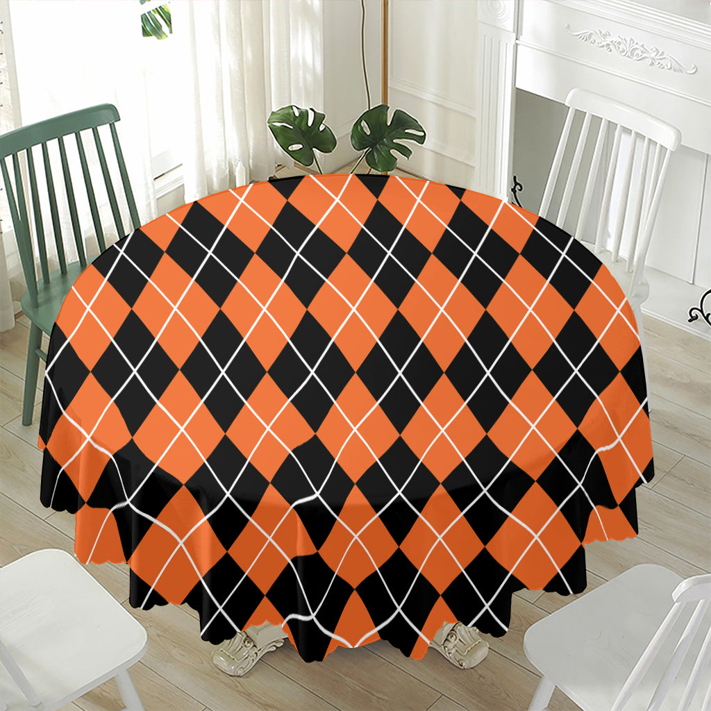 Orange And Black Argyle Print Waterproof Round Tablecloth