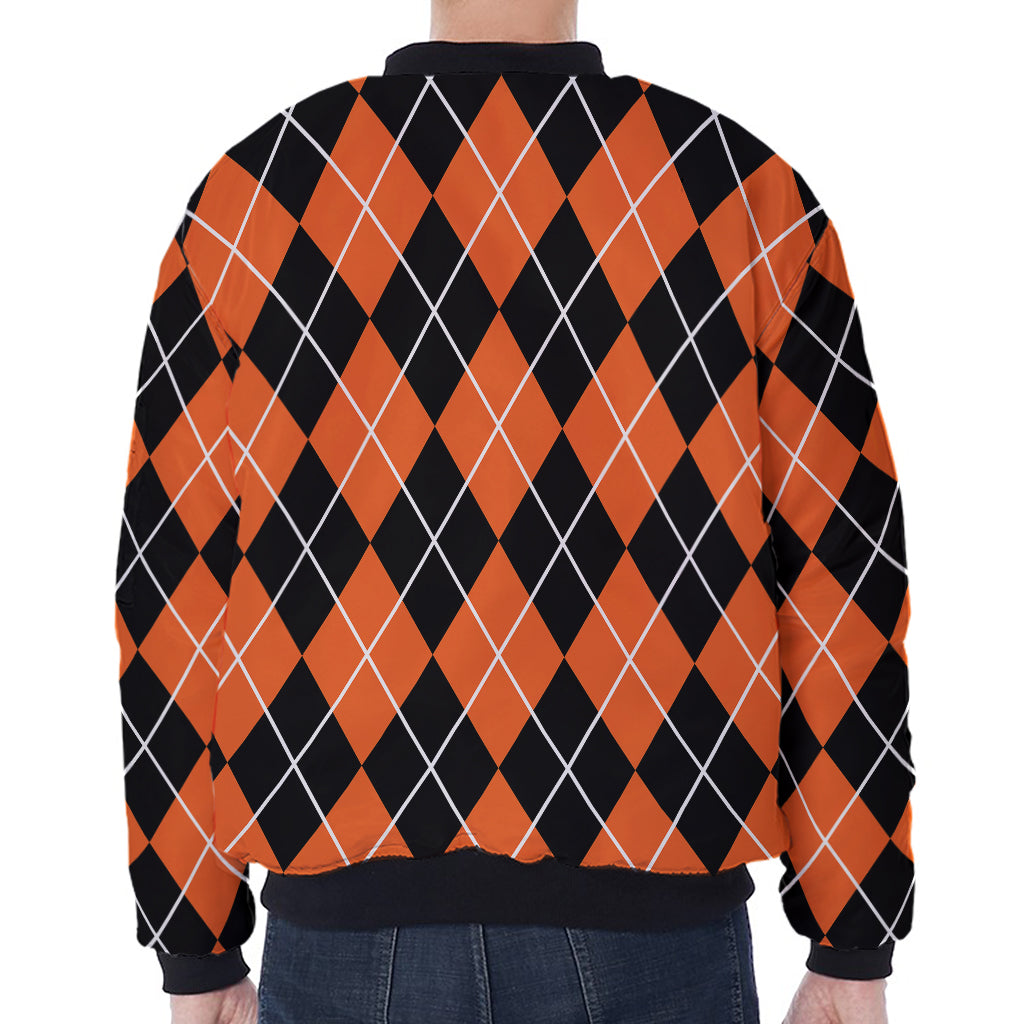 Orange And Black Argyle Print Zip Sleeve Bomber Jacket