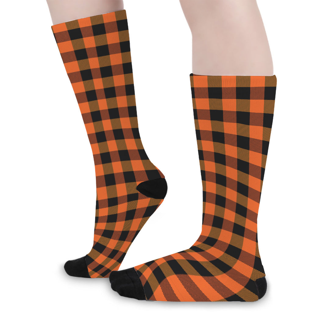 Orange And Black Buffalo Check Print Long Socks
