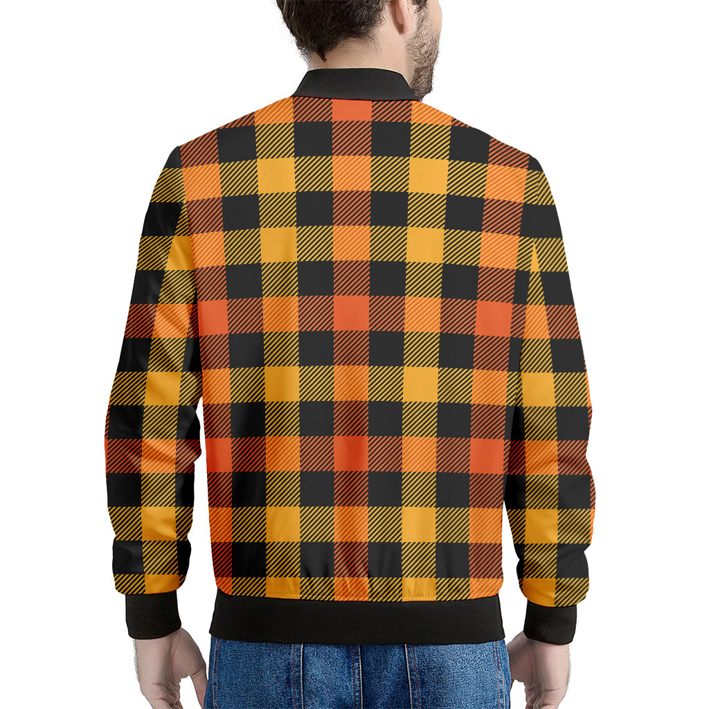 Orange And Black Buffalo Plaid Print Men's Bomber Jacket