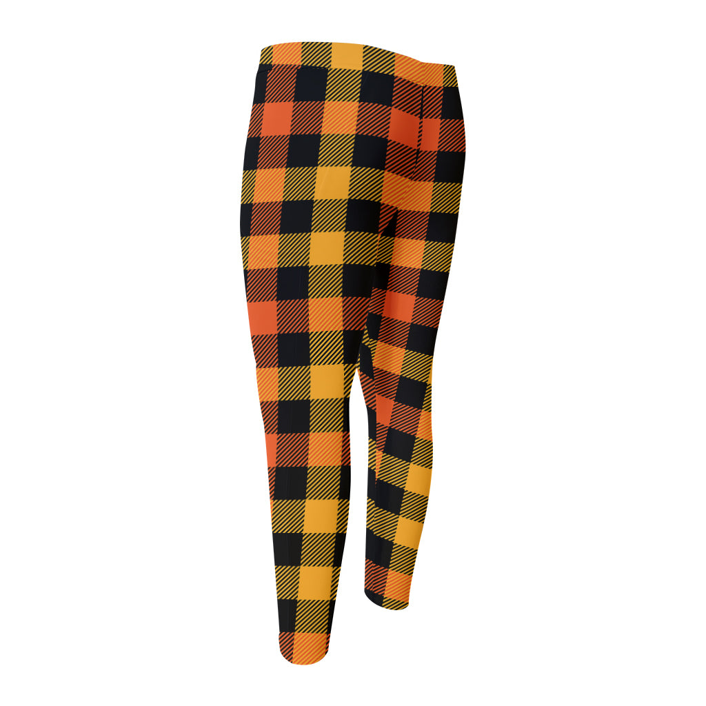 Orange And Black Buffalo Plaid Print Men's Compression Pants