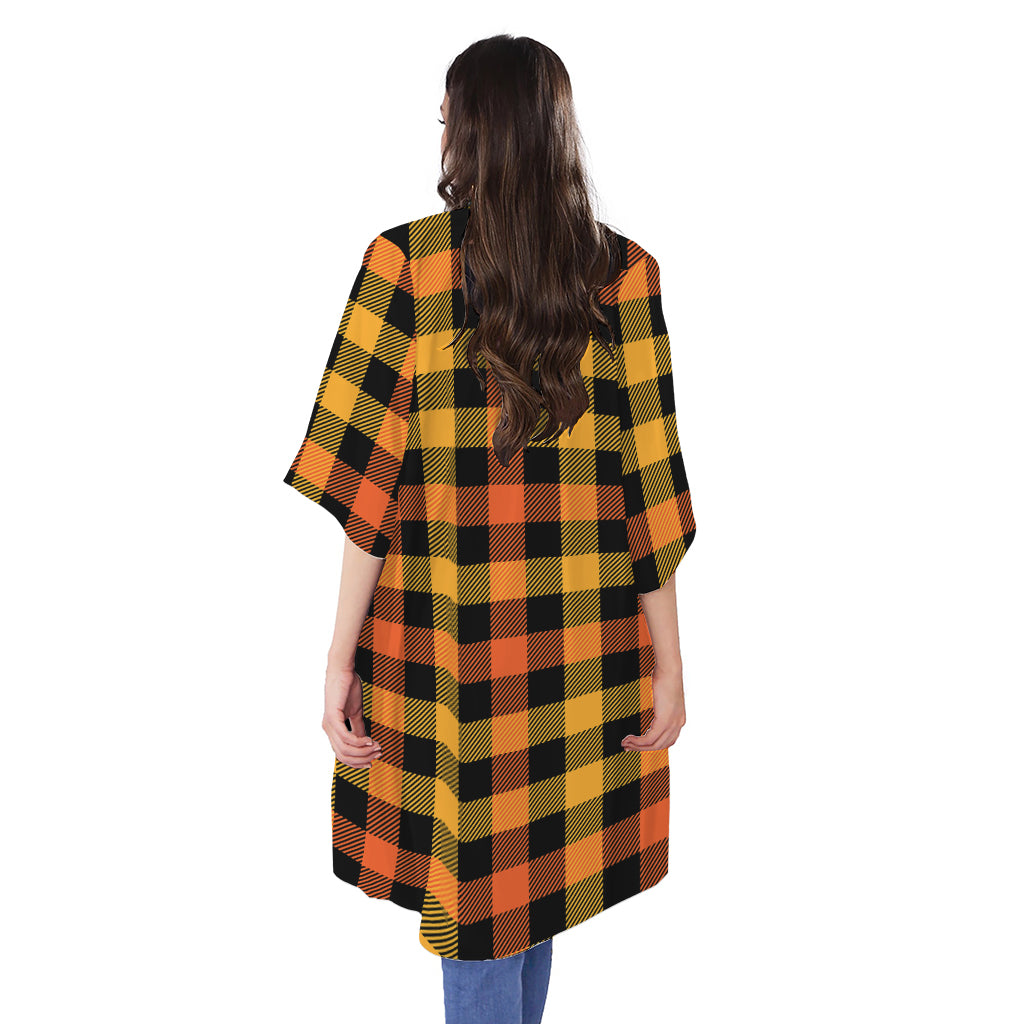 Orange And Black Buffalo Plaid Print Open Front Beach Cover Up
