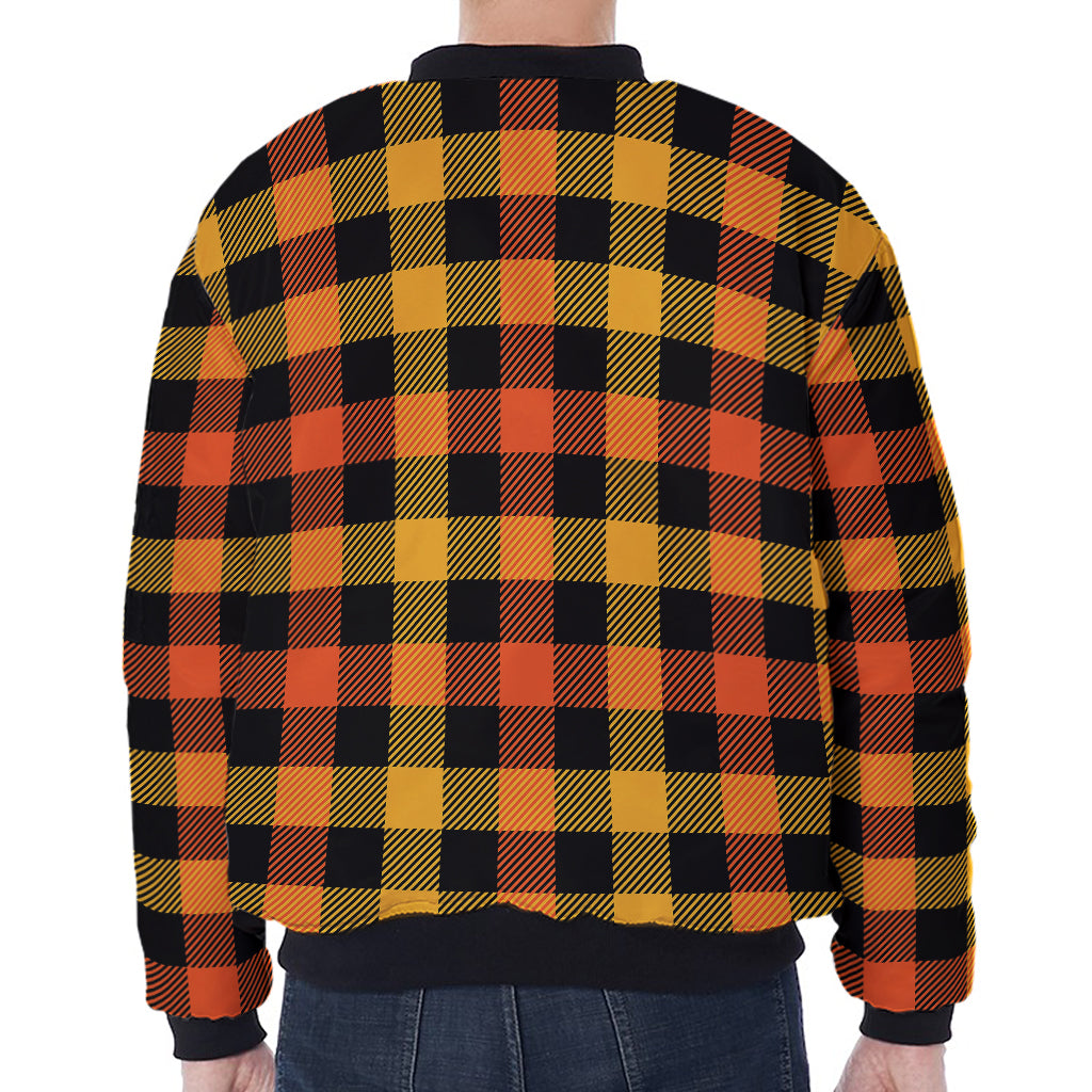 Orange And Black Buffalo Plaid Print Zip Sleeve Bomber Jacket