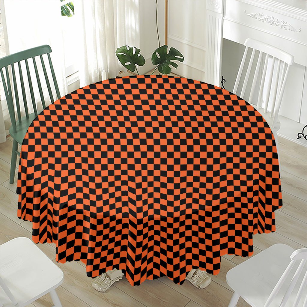 Orange And Black Checkered Pattern Print Waterproof Round Tablecloth