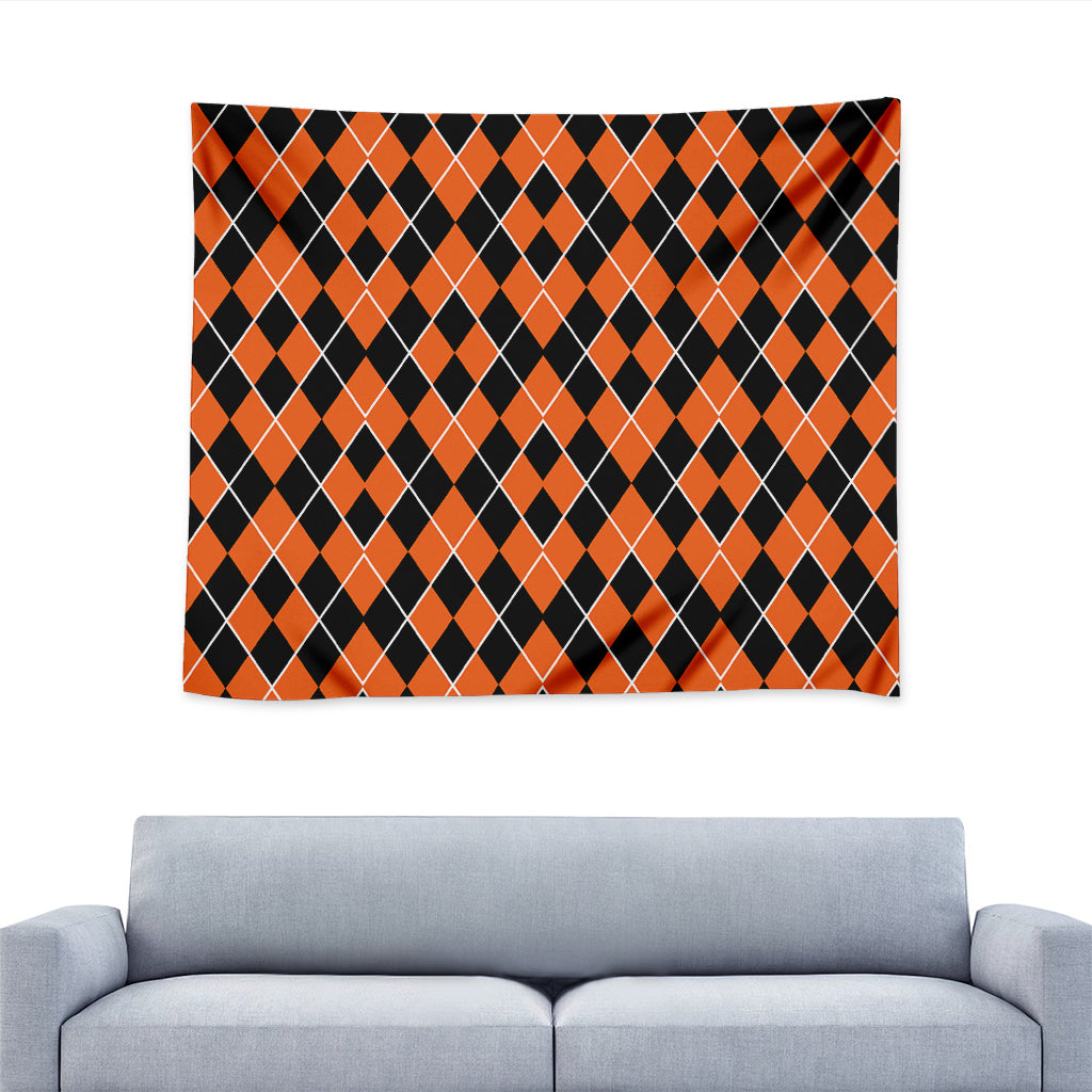 Orange And Black Halloween Argyle Print Tapestry