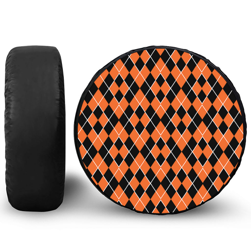 Orange And Black Halloween Argyle Print Tire Cover