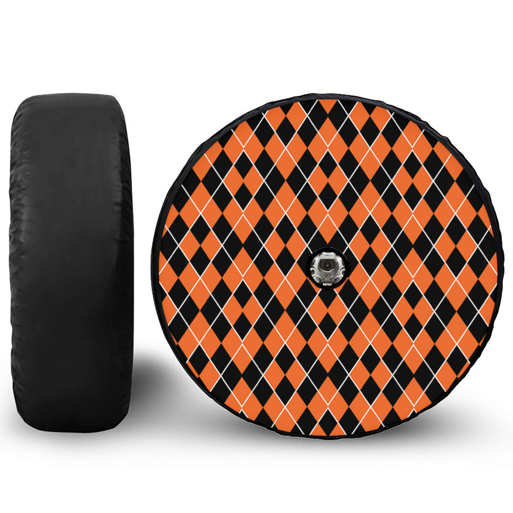 Orange And Black Halloween Argyle Print Tire Cover With Camera Hole