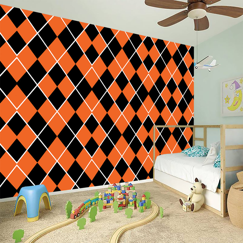 Orange And Black Halloween Argyle Print Wall Sticker