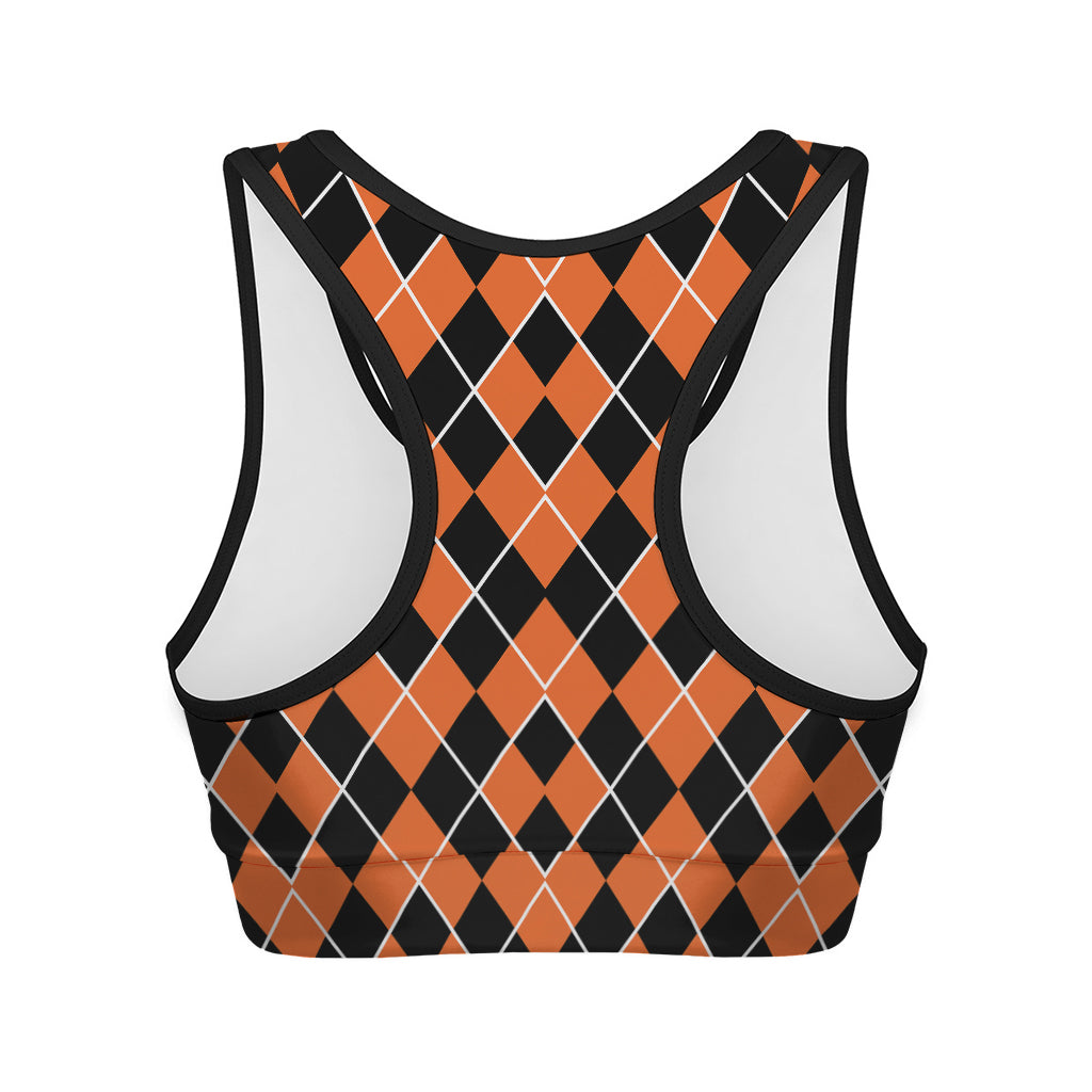 Orange And Black Halloween Argyle Print Women's Sports Bra
