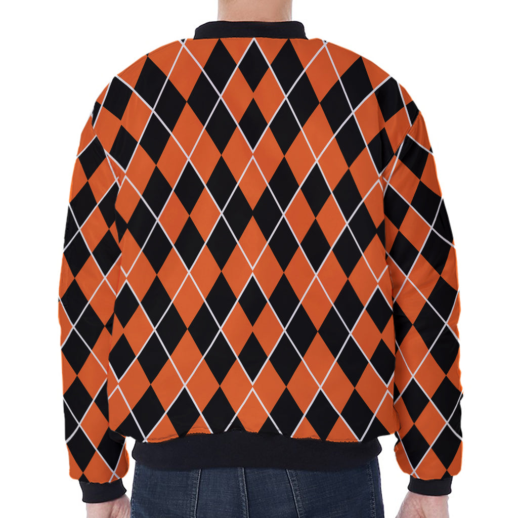 Orange And Black Halloween Argyle Print Zip Sleeve Bomber Jacket