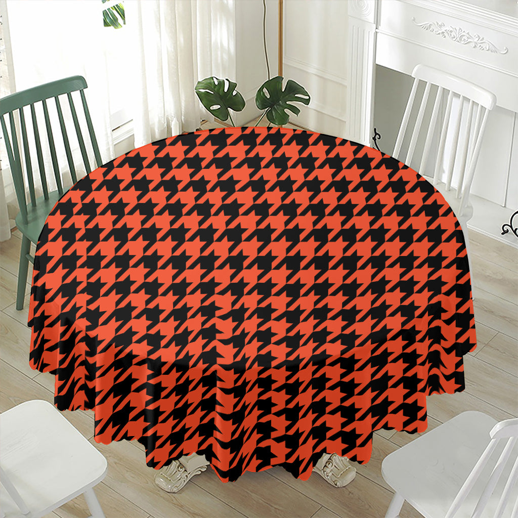 Orange And Black Houndstooth Print Waterproof Round Tablecloth