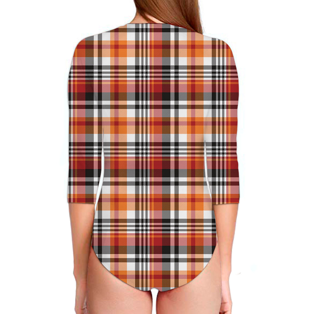 Orange And Black Madras Plaid Print Long Sleeve Swimsuit