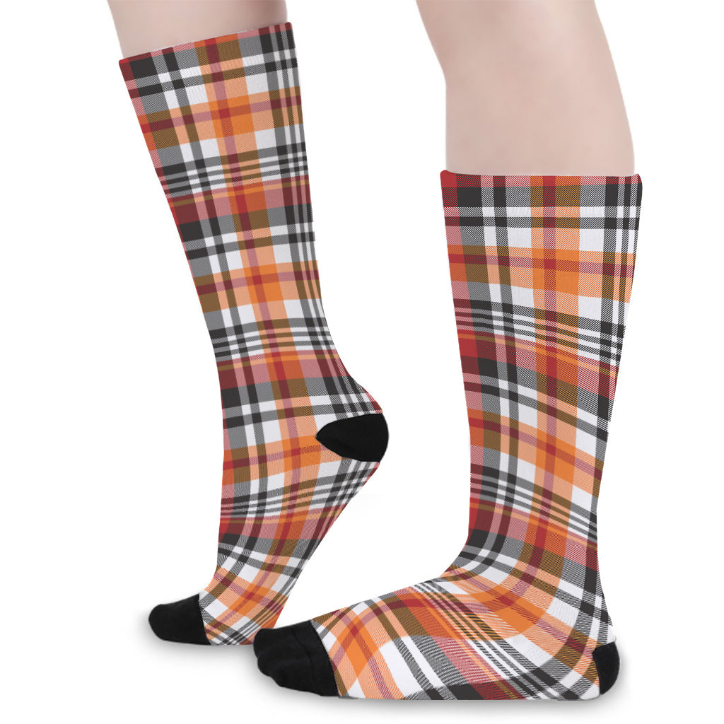 Orange And Black Madras Plaid Print Long Socks