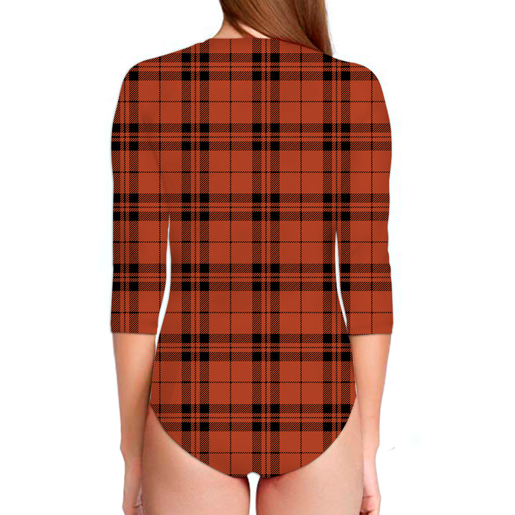 Orange And Black Tartan Pattern Print Long Sleeve Swimsuit