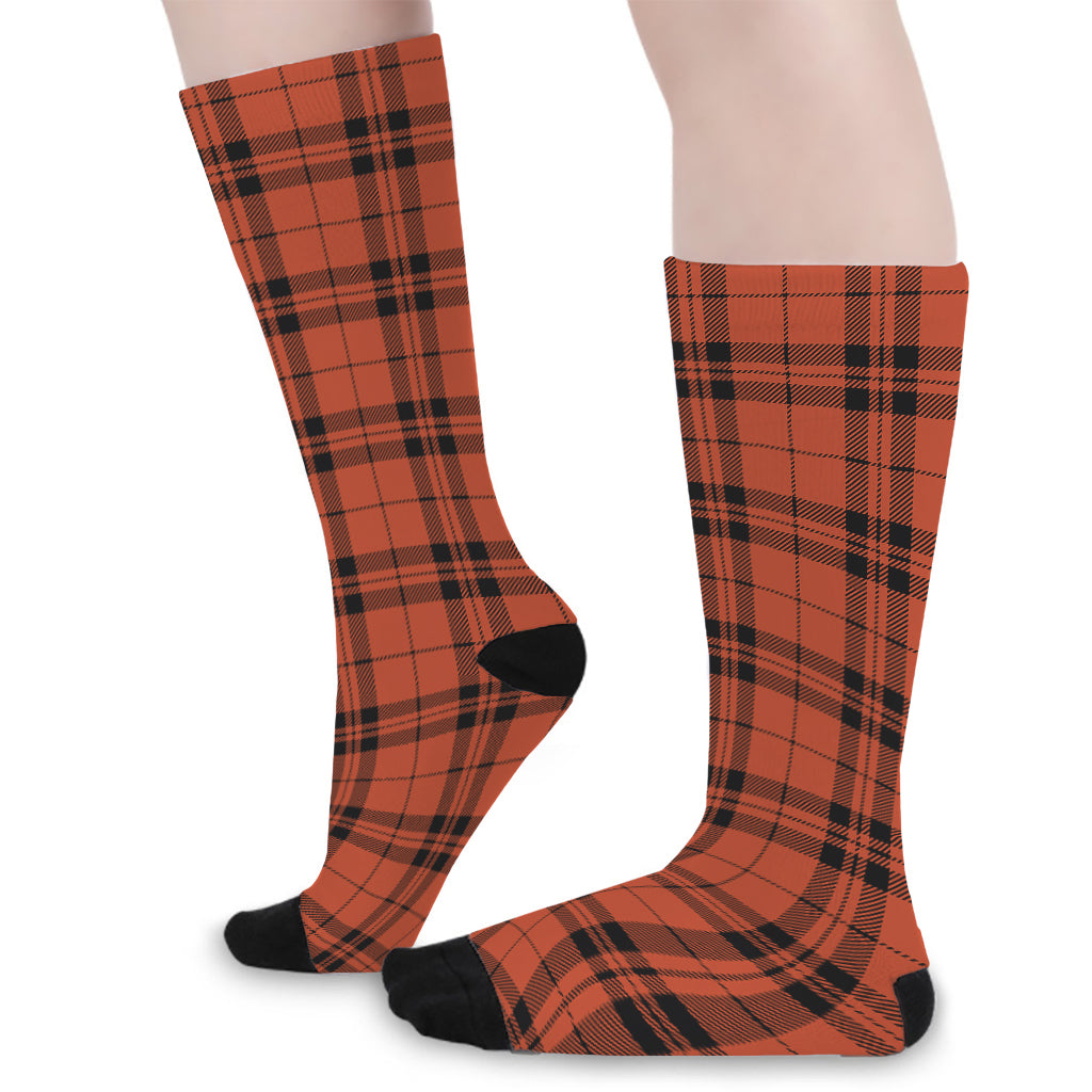 Orange And Black Tartan Pattern Print Long Socks