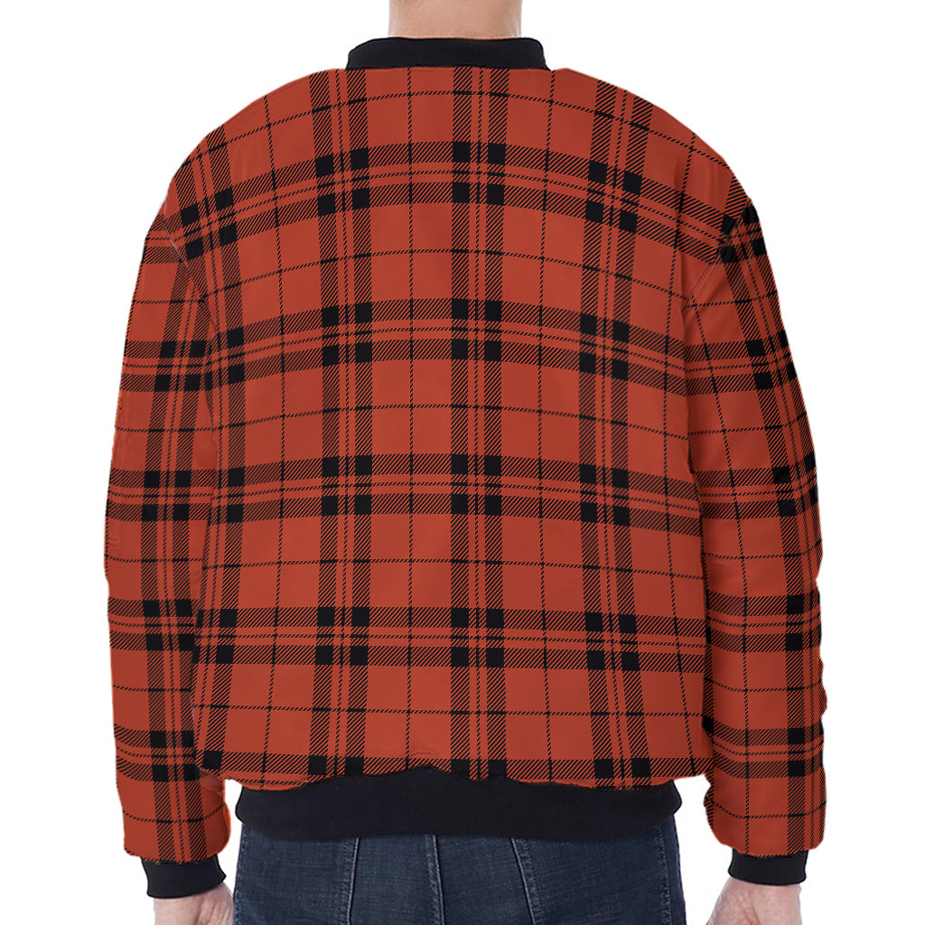 Orange And Black Tartan Pattern Print Zip Sleeve Bomber Jacket
