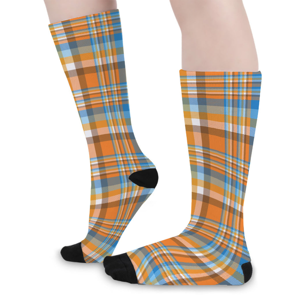 Orange And Blue Madras Pattern Print Long Socks