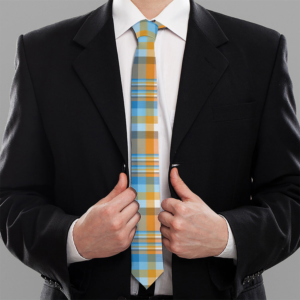 Orange And Blue Madras Pattern Print Necktie