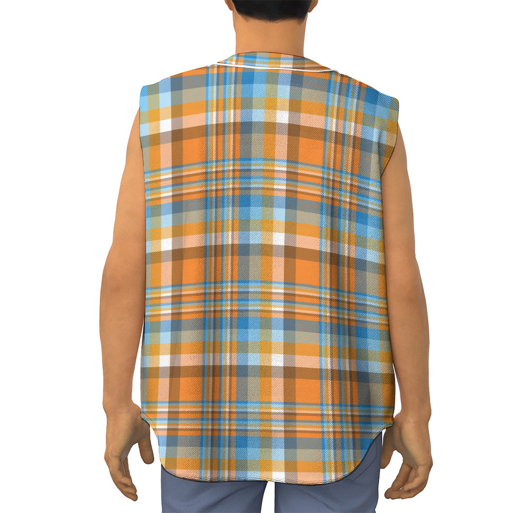 Orange And Blue Madras Pattern Print Sleeveless Baseball Jersey