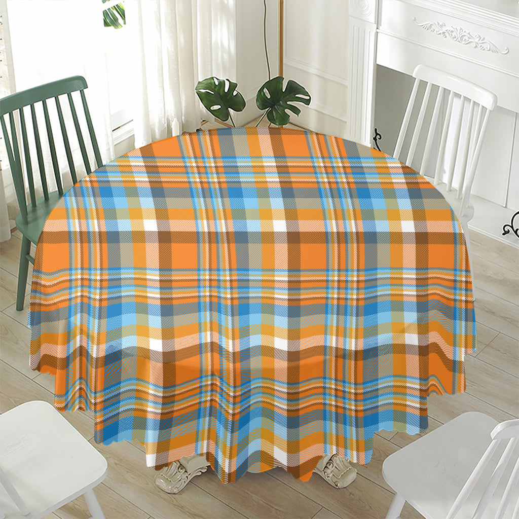 Orange And Blue Madras Pattern Print Waterproof Round Tablecloth