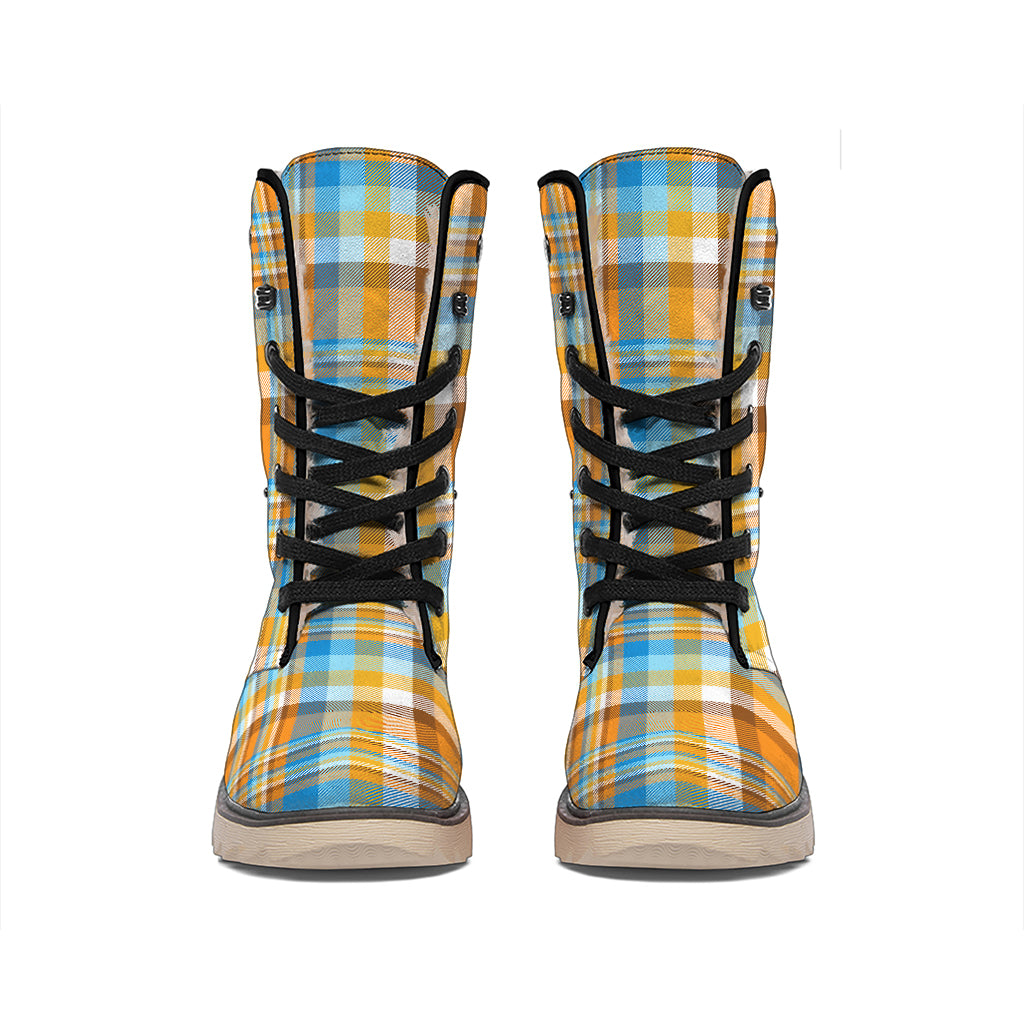 Orange And Blue Madras Pattern Print Winter Boots