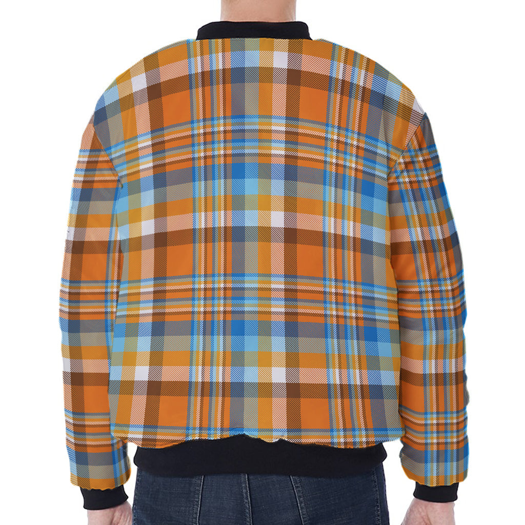 Orange And Blue Madras Pattern Print Zip Sleeve Bomber Jacket