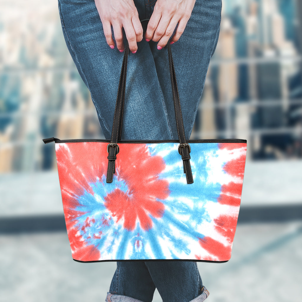 Orange And Blue Tie Dye Print Leather Tote Bag