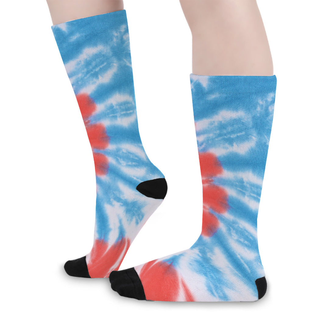 Orange And Blue Tie Dye Print Long Socks