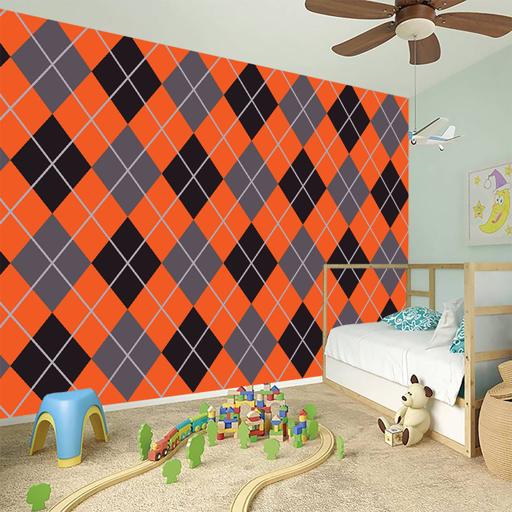 Orange And Grey Halloween Argyle Print Wall Sticker