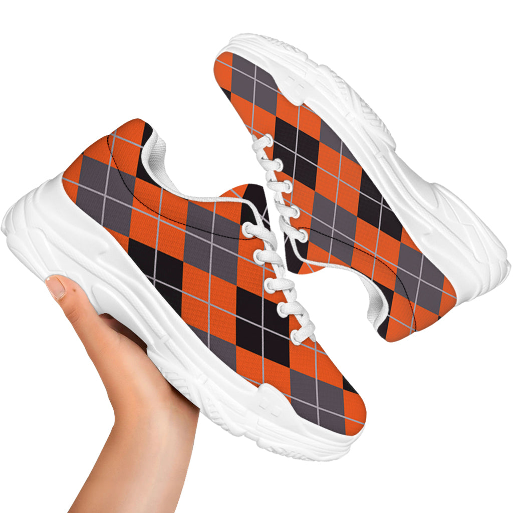 Orange And Grey Halloween Argyle Print White Chunky Shoes