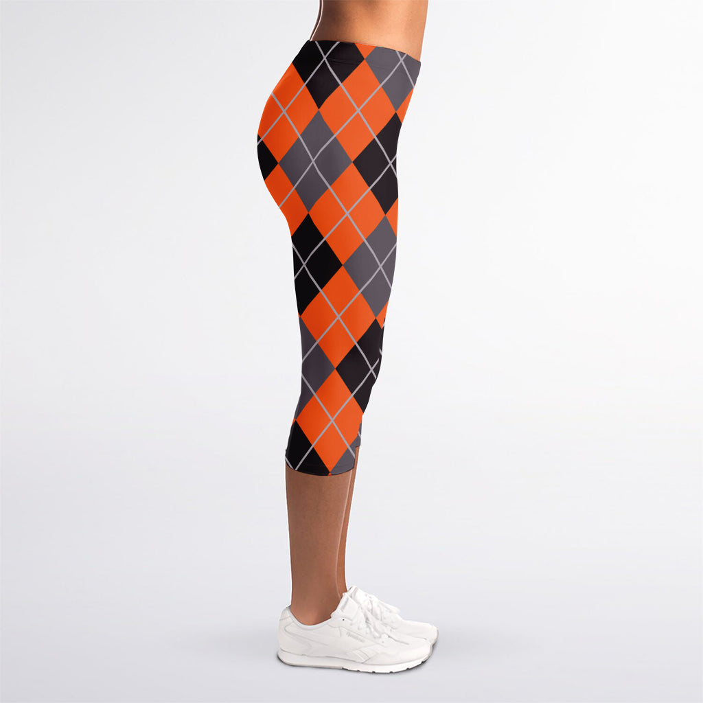 Orange And Grey Halloween Argyle Print Women's Capri Leggings