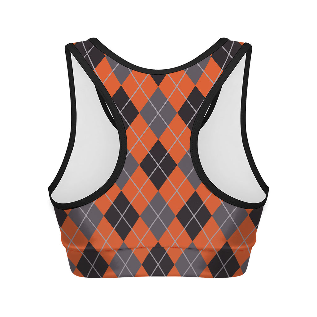 Orange And Grey Halloween Argyle Print Women's Sports Bra