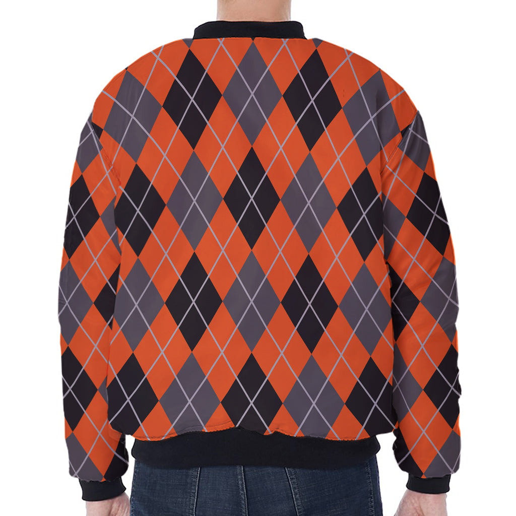 Orange And Grey Halloween Argyle Print Zip Sleeve Bomber Jacket