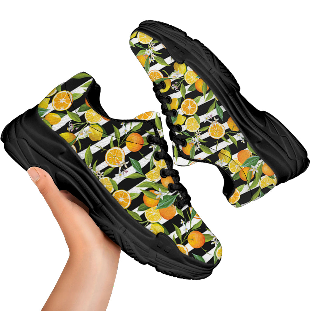 Orange And Lemon Striped Pattern Print Black Chunky Shoes