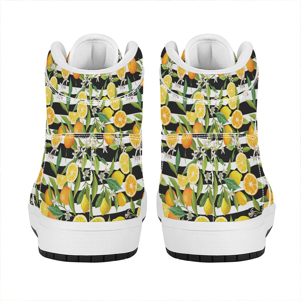 Orange And Lemon Striped Pattern Print High Top Leather Sneakers