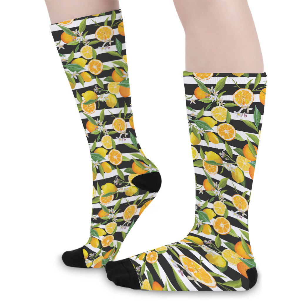 Orange And Lemon Striped Pattern Print Long Socks