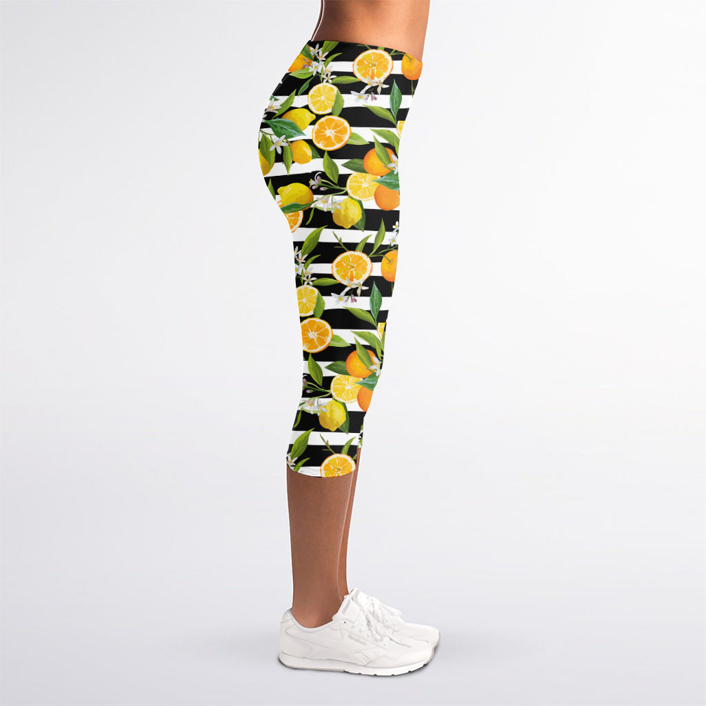 Orange And Lemon Striped Pattern Print Women's Capri Leggings