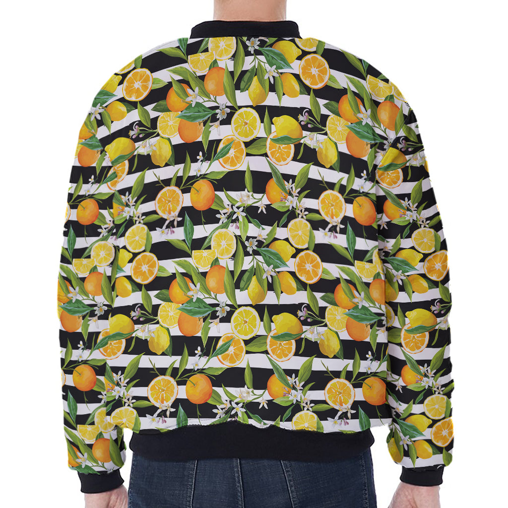 Orange And Lemon Striped Pattern Print Zip Sleeve Bomber Jacket