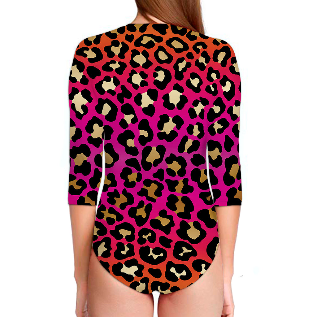 Orange And Purple Leopard Print Long Sleeve Swimsuit