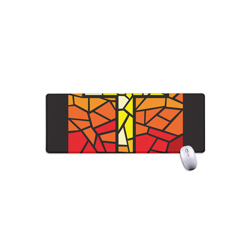 Orange And Red Stained Glass Cross Print Extended Mouse Pad