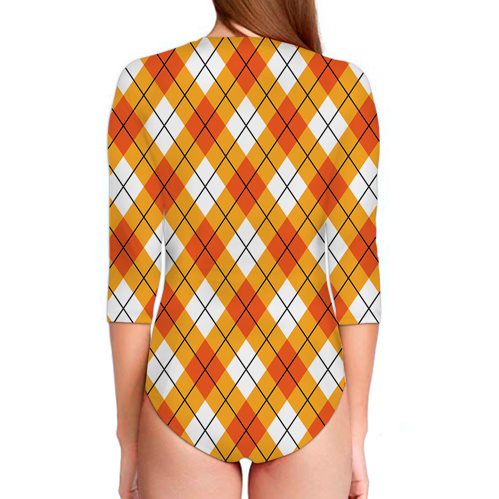 Orange And White Argyle Pattern Print Long Sleeve Swimsuit