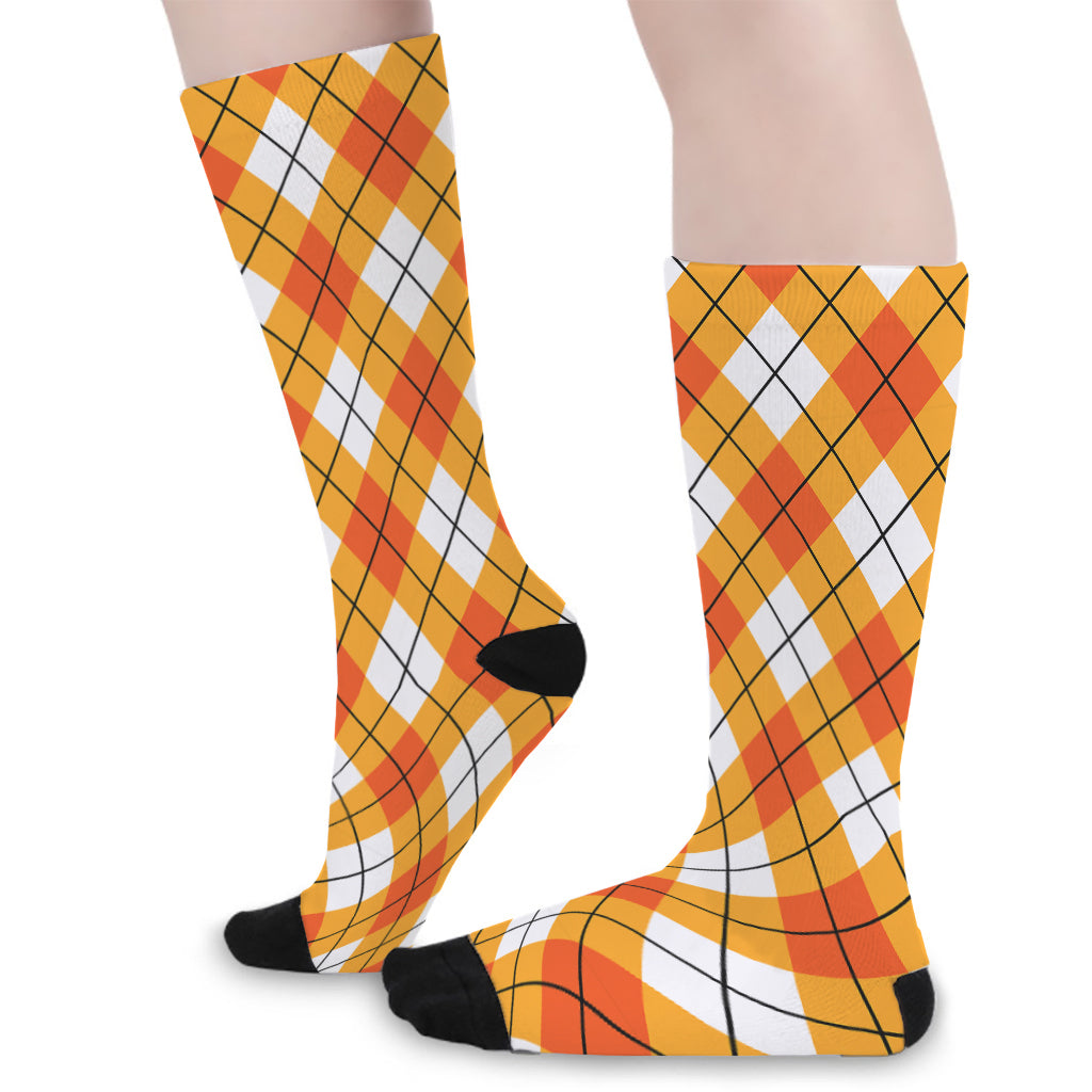 Orange And White Argyle Pattern Print Long Socks