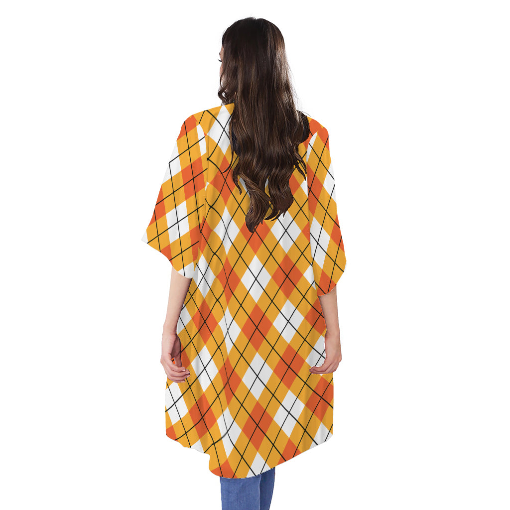 Orange And White Argyle Pattern Print Open Front Beach Cover Up