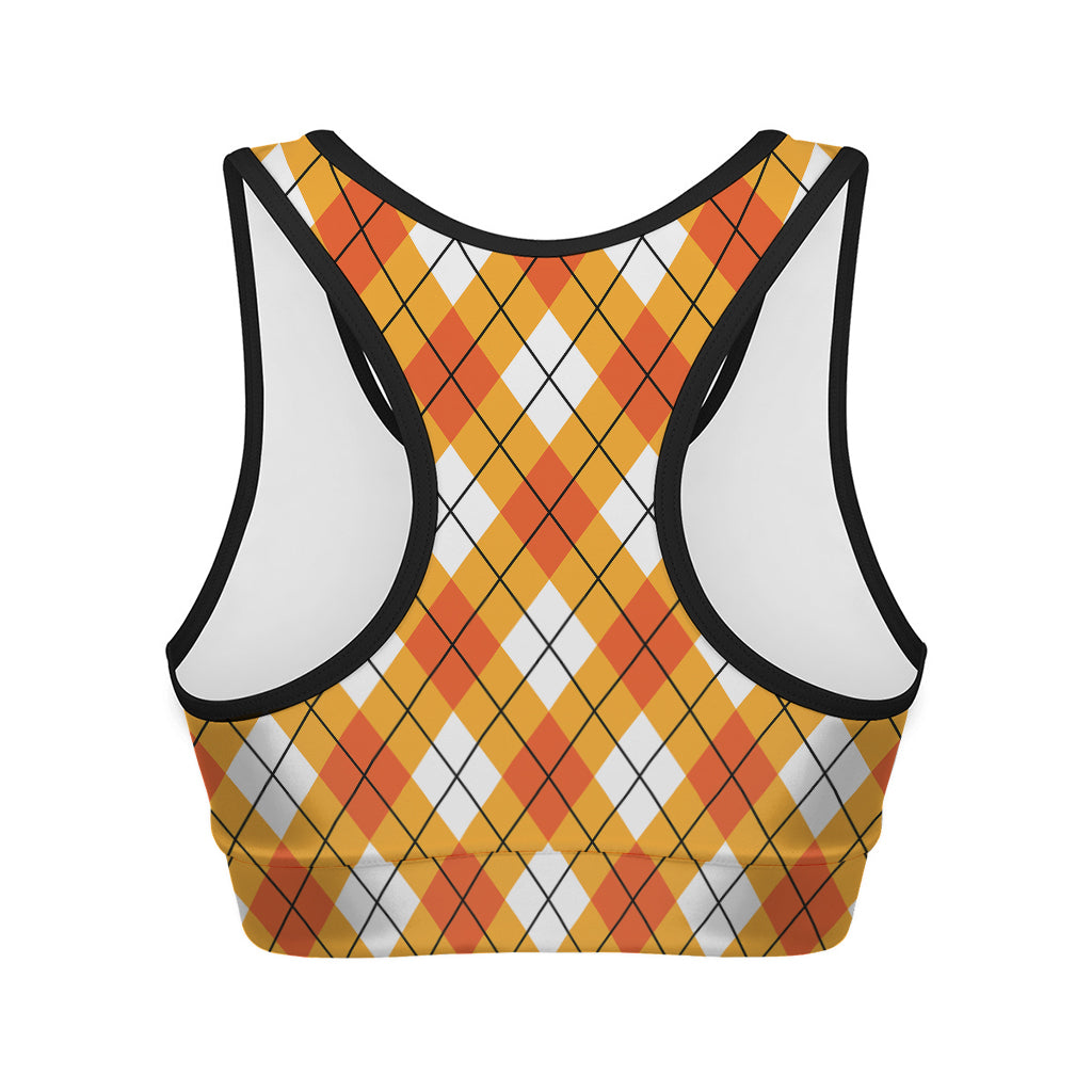 Orange And White Argyle Pattern Print Women's Sports Bra