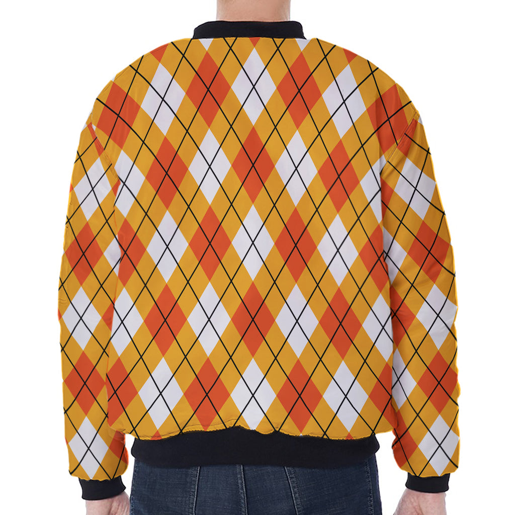 Orange And White Argyle Pattern Print Zip Sleeve Bomber Jacket